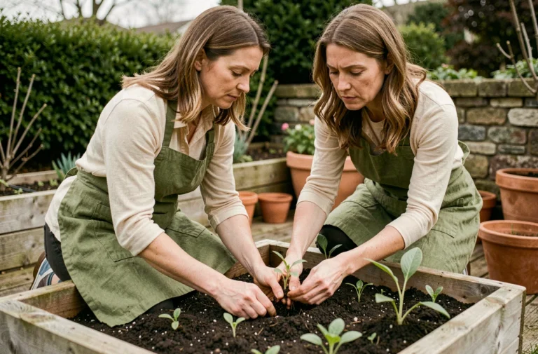 Femme jardinière repiquant des plants dans un potager en bois au printemps, les mains dans la terre