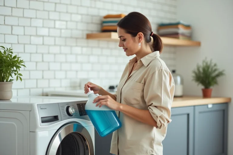 Femme versant de la lessive liquide dans le tiroir d'un lave-linge dans une buanderie moderne