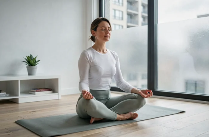 Femme en méditation sur un tapis de yoga dans un salon minimaliste, exploration de l'inconscient et signification des rêves