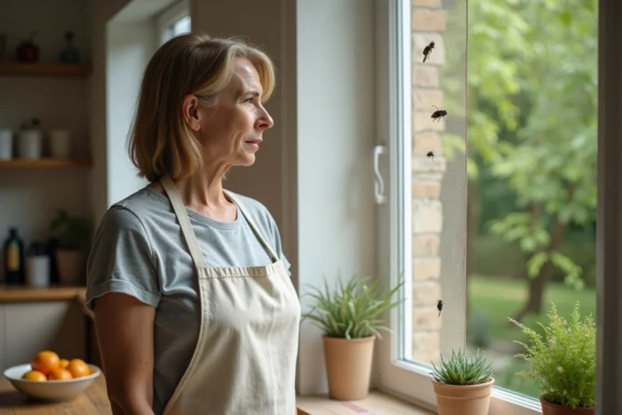 Femme préoccupée devant une fenêtre avec une moustiquaire sur laquelle des mouches sont posées, symbolisant les solutions pour empêcher les mouches d'entrer dans la maison