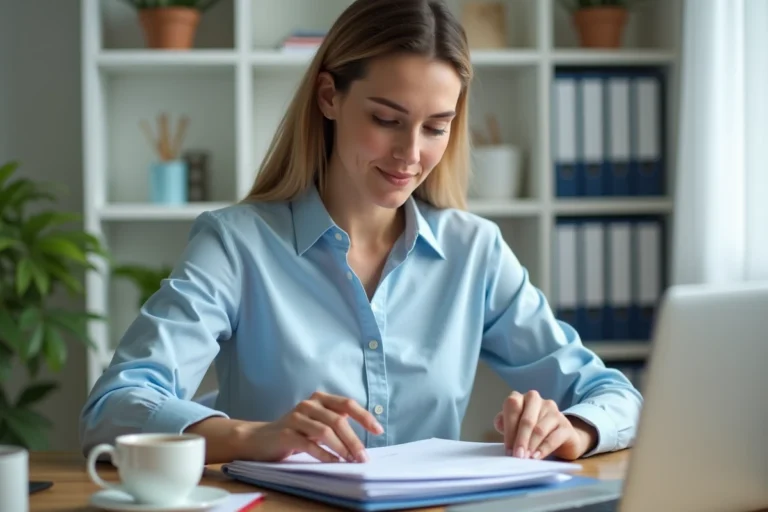 Femme organisant des documents administratifs pour les transmettre à Pôle emploi depuis son bureau à domicile
