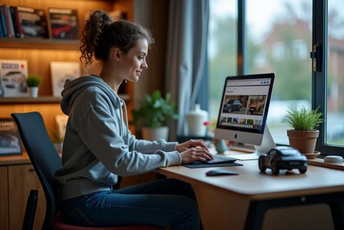 Femme passionnée de voitures naviguant sur des ressources automobiles en ligne depuis son bureau à domicile
