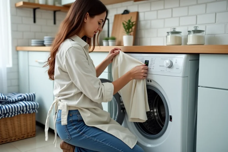 Femme pliant soigneusement un tablier en coton avant de le mettre en machine à laver pour éviter qu'il s'emmêle