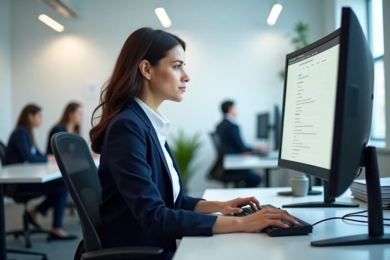 Femme professionnelle naviguant sur un plan de site web dans un bureau moderne
