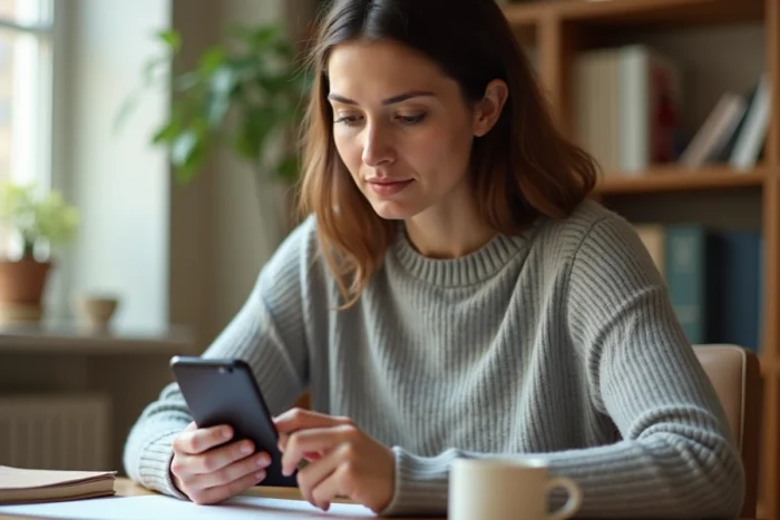 Femme consultant un annuaire inversé sur smartphone pour retrouver un numéro de téléphone inconnu