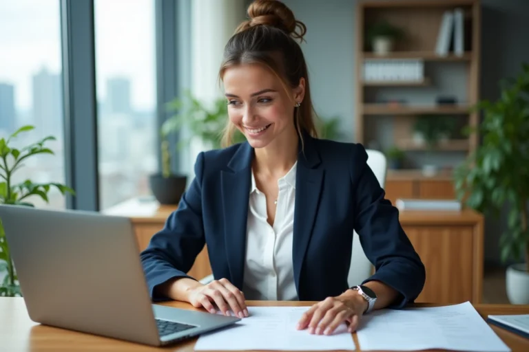 Femme professionnelle consultant des offres d'emploi sur ordinateur portable dans un bureau moderne