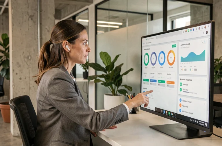 Femme professionnelle interagissant avec un tableau de bord numérique d'autonomie en ligne dans un bureau moderne