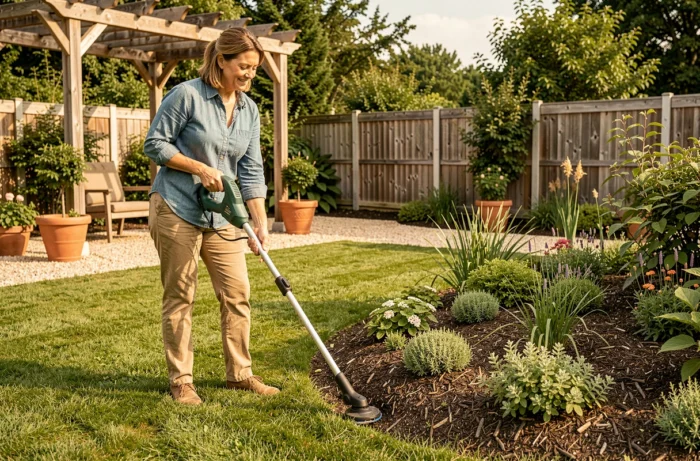 Femme utilisant un taille-bordure électrique à long manche pour délimiter une bordure de pelouse et de massif fleuri