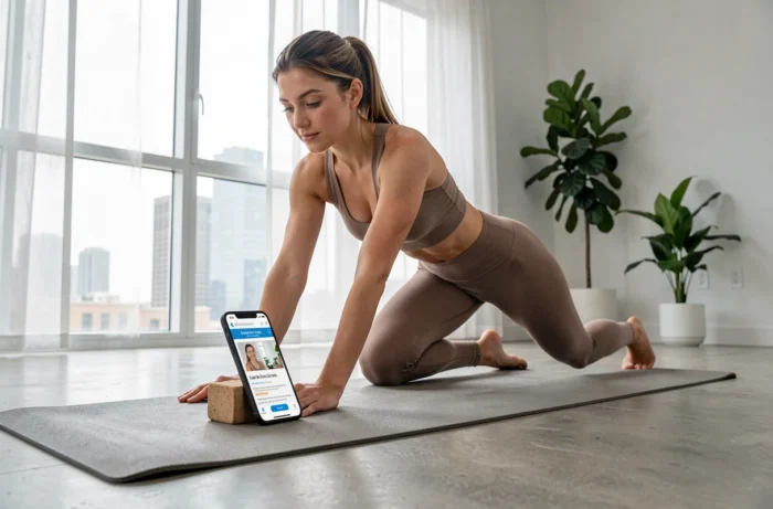 Jeune femme pratiquant le yoga et consultant un site de bien-être sur son smartphone dans un appartement moderne