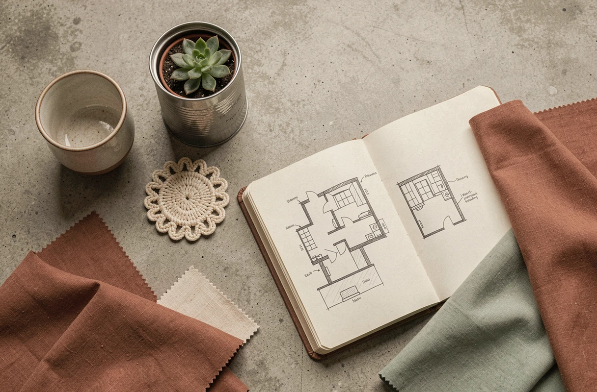 Flat-lay de matériaux et objets de décoration tendance faits main et chinés pour une déco maison économique