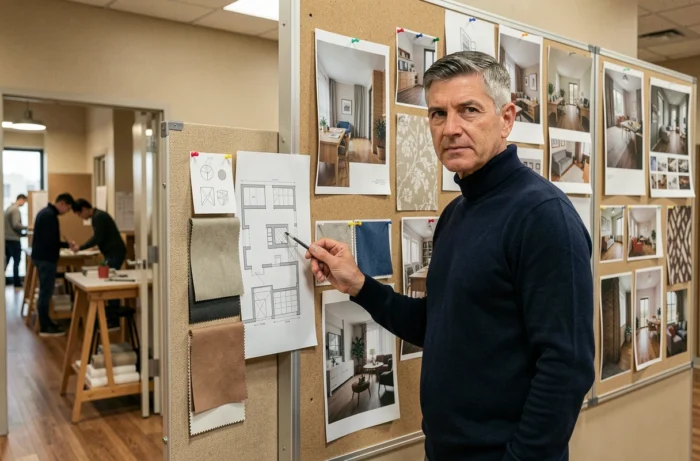 Formateur en aménagement intérieur présentant un tableau de références visuelles dans une école de design, montrant les débouchés de la formation