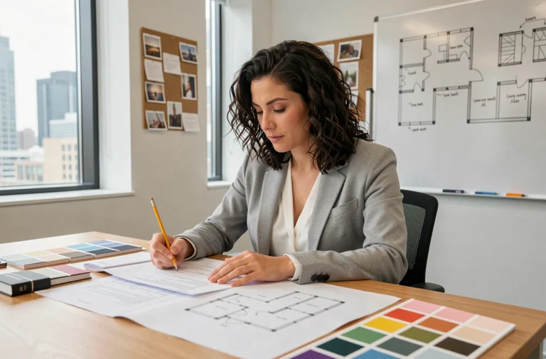 Femme professionnelle suivant une formation en aménagement intérieur, assise devant des plans architecturaux dans une salle de formation moderne