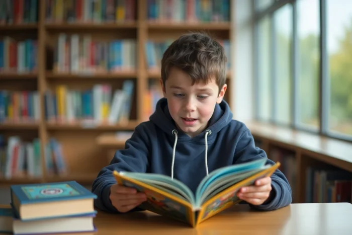 Garçon émerveillé feuilletant un grand livre illustré jeunesse dans une bibliothèque publique moderne