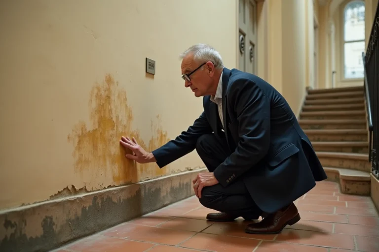 Gestionnaire de copropriété inspectant une tache d'humidité sur le mur d'une cage d'escalier d'immeuble