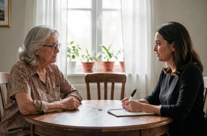 Grand-mère et sa fille adulte partageant un moment de soutien autour d'une table