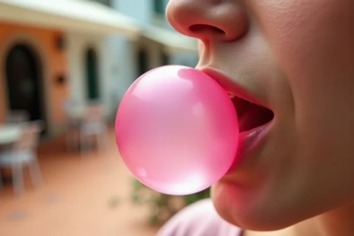 Gros plan sur une grosse bulle de chewing-gum rose soufflée par une bouche, texture détaillée de la membrane