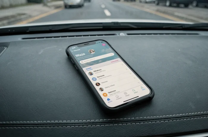 Gros plan d'un smartphone affichant le menu de sélection de voix Waze posé sur le tableau de bord d'une voiture