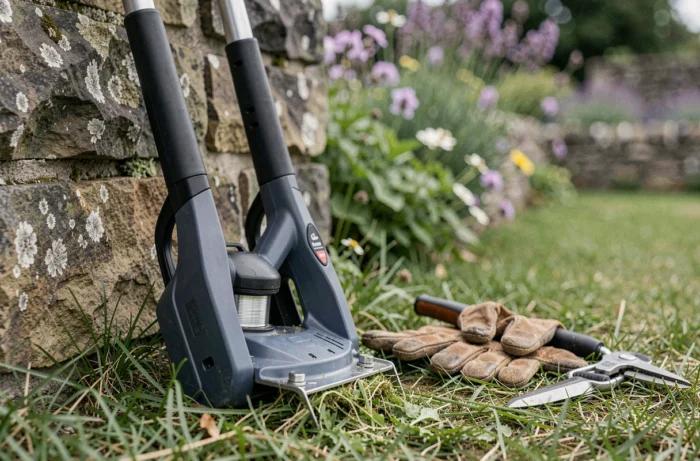 Gros plan d'un taille-bordure sans fil professionnel posé contre un mur en pierre dans un jardin avec des gants de jardinage