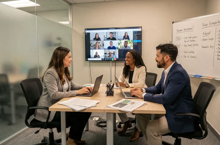 Groupe de professionnels participant à une session de formation recrutement à distance en salle de réunion