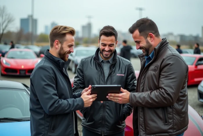 Groupe de passionnés d'automobiles consultant un site web de comparaison de voitures lors d'un rassemblement extérieur