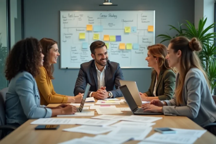 Groupe de professionnels discutant de stratégie de carrière autour d'une table de réunion moderne