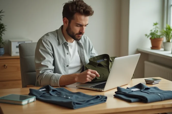 Homme consultant un guide des tailles IKKS homme sur ordinateur portable avec une chemise posée devant lui