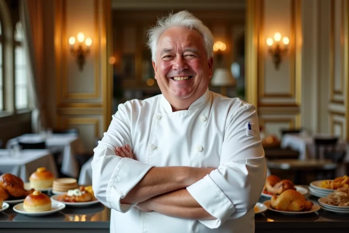 Portrait de Guy Savoy rayonnant devant le passe de son restaurant parisien avec ses grands classiques de la cuisine française