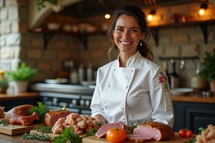 Portrait d'Hélène Darroze souriante dans sa cuisine parisienne entourée de produits gascons traditionnels