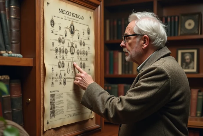Historien examinant un tableau généalogique illustré des lignées royales françaises dans un bureau universitaire chargé d'archives