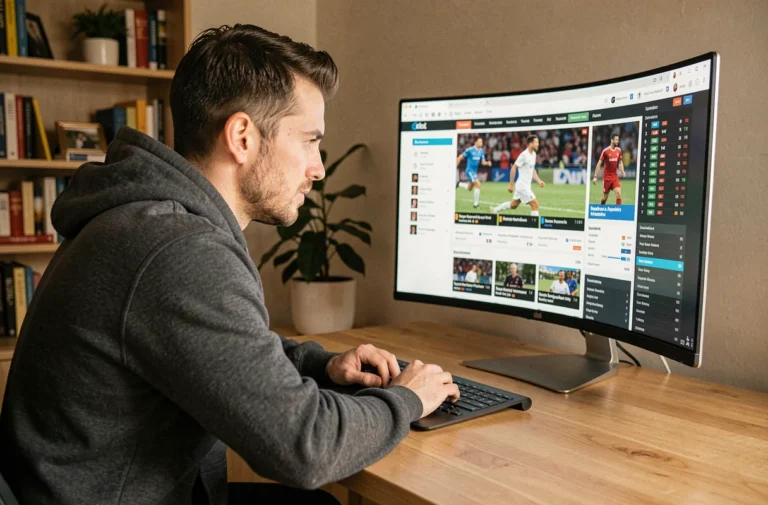 Homme consultant des sites d'actualité sportive sur un grand écran incurvé dans un bureau moderne à domicile