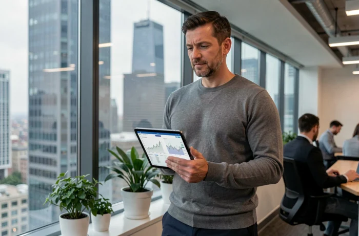Homme d'affaires consultant un portfolio d'investissement sur tablette avec une vue sur la ville en arrière-plan