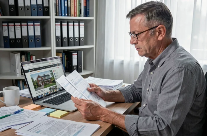 Homme analysant des documents contractuels immobiliers et des offres de prêt à son bureau à domicile