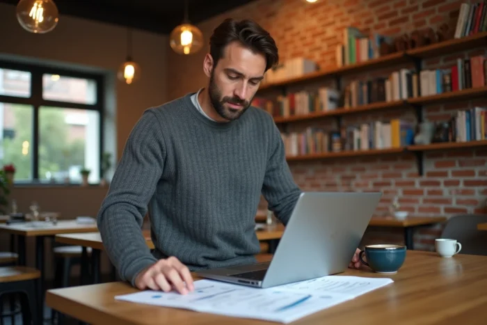 Homme analysant un plan de site imprimé dans un café avec son ordinateur portable