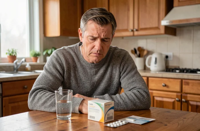 Homme à la cuisine examinant la boîte d'Argel 7 avant de prendre son médicament, illustrant les précautions d'usage
