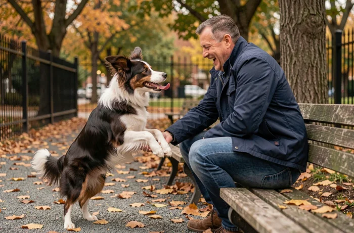 Homme jouant avec un border collie en plein air dans un parc urbain en automne avec des feuilles colorées au sol