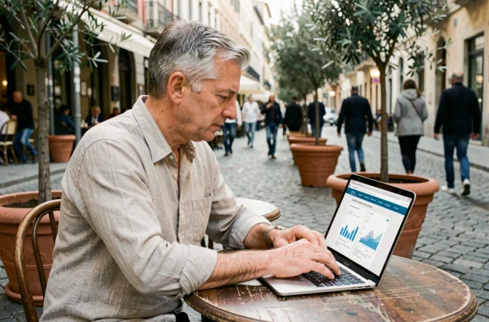 Homme consultant un rapport sur les tendances du secteur de l'autonomie en ligne depuis un café en terrasse