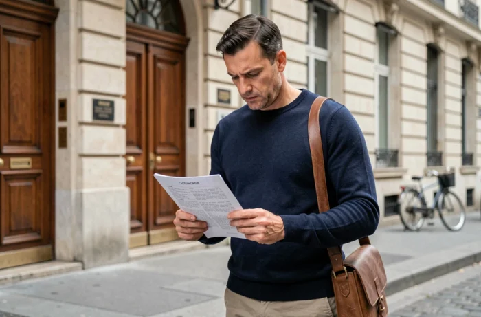 Homme consultant une feuille de casting devant une agence parisienne en extérieur
