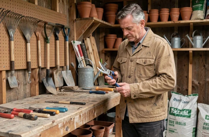 Homme comparant des sécateurs dans un abri de jardin bien organisé pour choisir le bon équipement