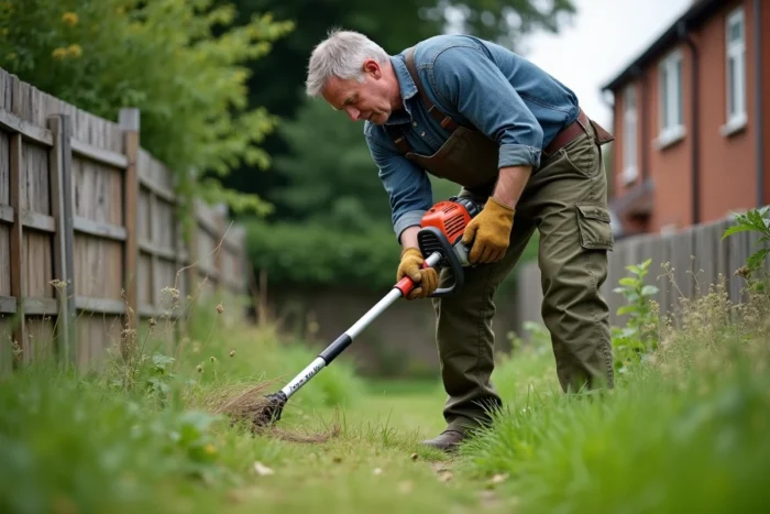 Homme utilisant une débroussailleuse thermique pour entretenir les herbes hautes le long d'une clôture en bois dans un jardin suburban