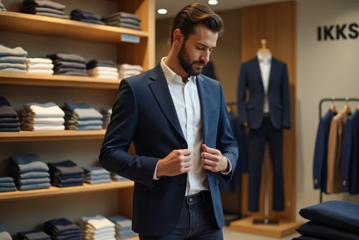 Homme consultant l'étiquette de taille d'un blazer IKKS homme dans une boutique moderne et bien rangée