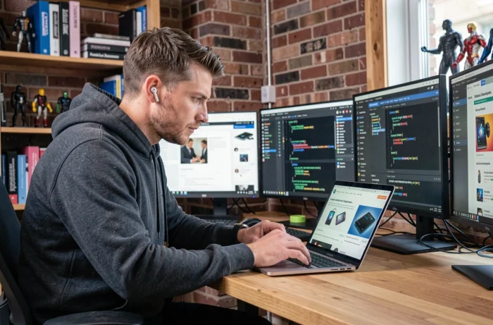 Un homme geek passionné consulte les dernières actualités technologiques sur plusieurs écrans dans un bureau moderne