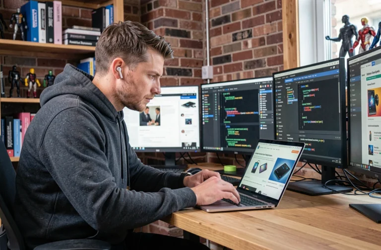 Un homme geek passionné consulte les dernières actualités technologiques sur plusieurs écrans dans un bureau moderne