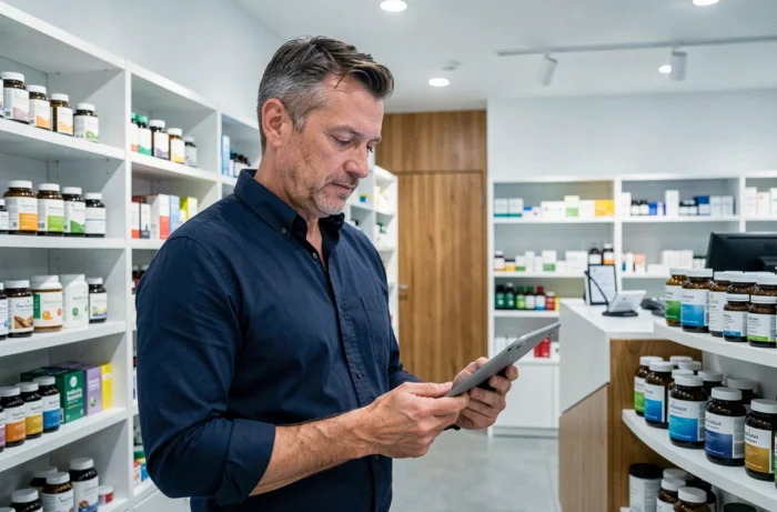 Homme lisant des informations de santé sur une tablette dans un centre de bien-être moderne