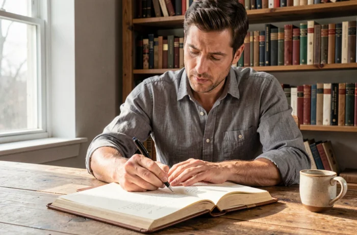 Homme écrivant dans un journal de rêves en cuir sur un bureau en bois, pratique de l'analyse et interprétation des rêves