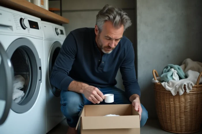 Homme dosant de la lessive en poudre avec une cuillère mesureuse devant un lave-linge dans un appartement