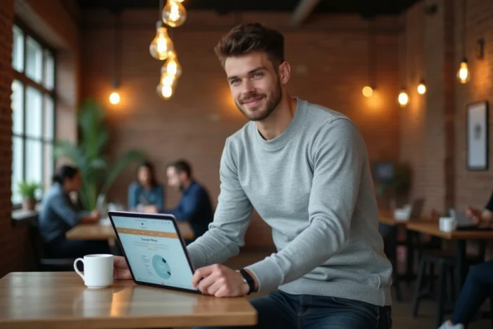 Jeune homme consultant un portail de carrière sur tablette dans un café co-working urbain