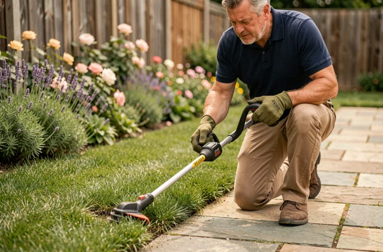 Homme utilisant un taille-bordure sans fil pour couper les bordures d'une pelouse le long d'un chemin en pierre dans un jardin soigné