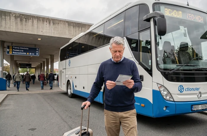 Homme avec valise devant un bus régional dans une gare routière française