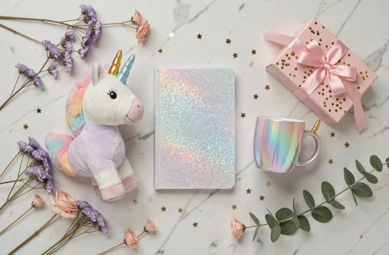 Idées cadeaux licorne en flat lay : peluche, carnet holographique, mug et boîte cadeau sur marbre blanc