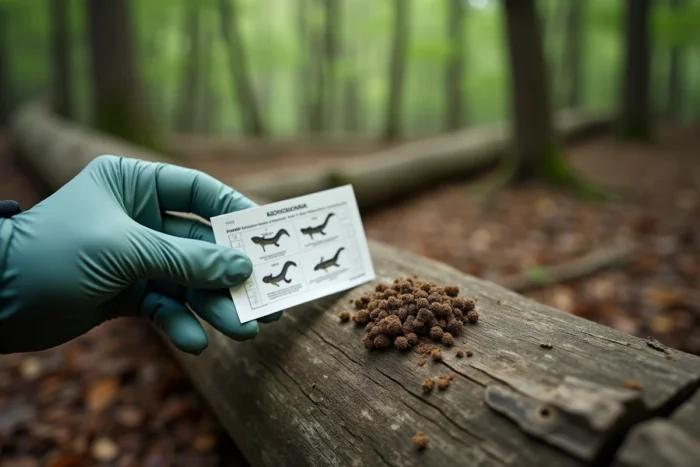 Naturaliste tenant une carte d'identification à côté d'excréments de serpent sur un tronc d'arbre en forêt, illustration pour identifier les fientes de reptiles en milieu naturel